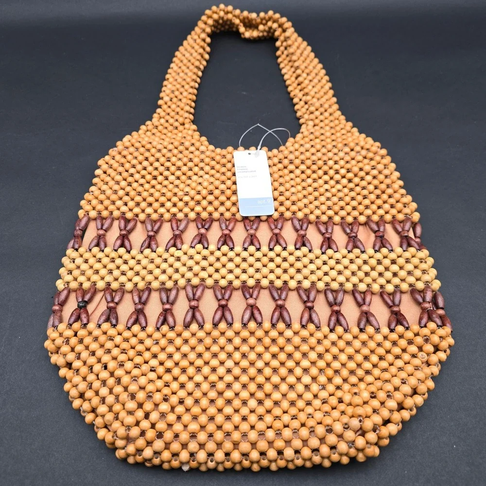 Apt. 9 Wood Beaded Hobo Bag Natural Brown Boho Summer Handbag NWT KB55211